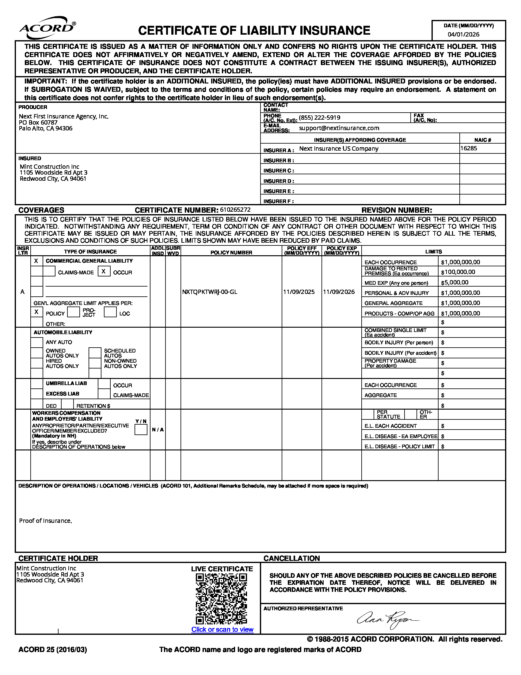 Certificate of Liability Insurance